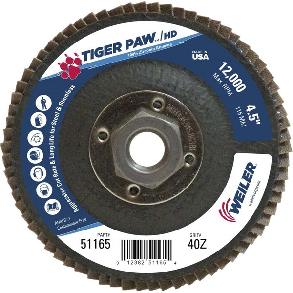 Weiler 4-1/2" Tiger Paw Density Flap Disc, Flat (TY27), 40Z, 5/8"-11 UNC 51165